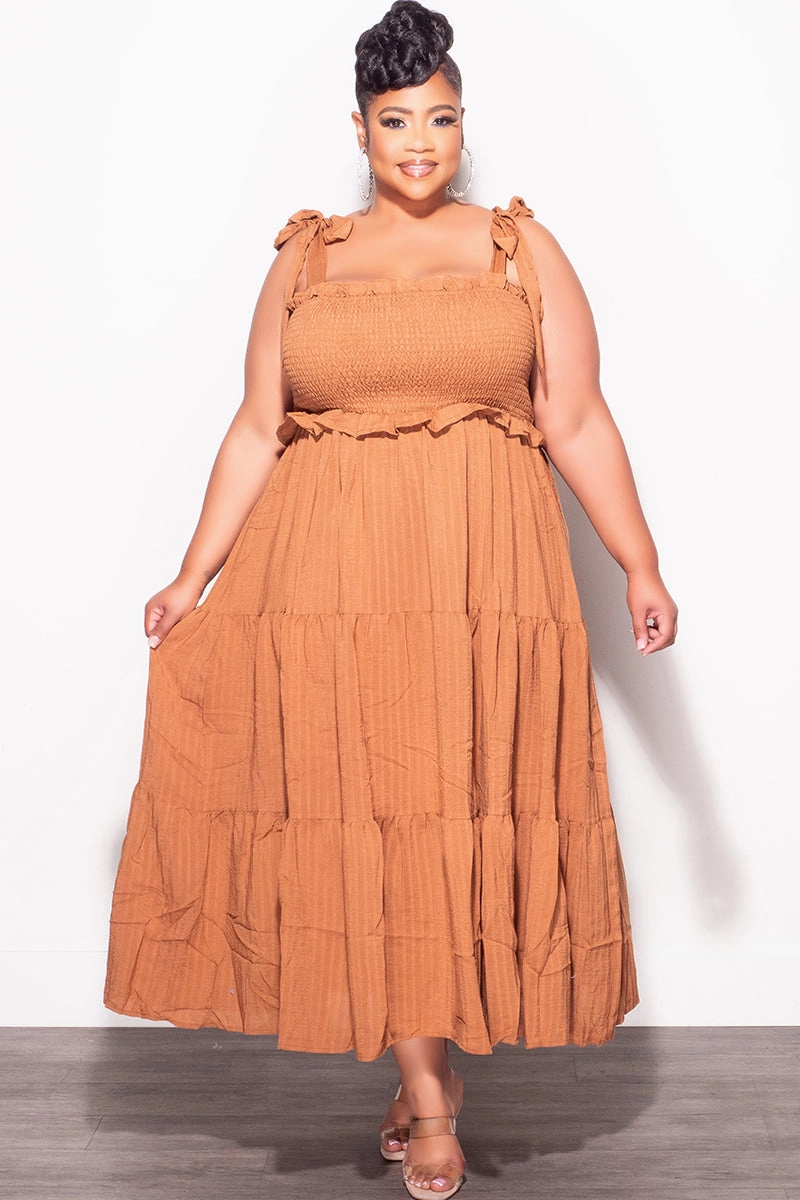 Stretchable Design Final Sale Plus Size Sleeveless Frill Tiered Dress in Cognac