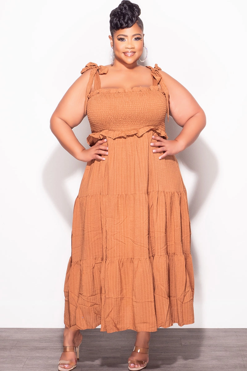 Quick Dry Fabric Final Sale Plus Size Sleeveless Frill Tiered Dress in Cognac