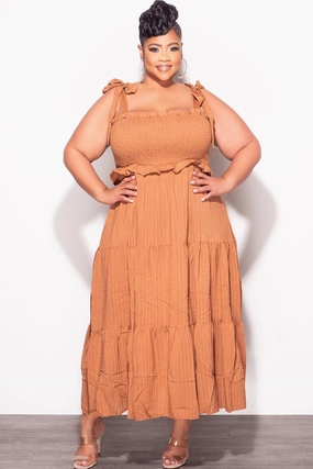 Final Sale Plus Size Sleeveless Frill Tiered Dress in Cognac Freedom Motion