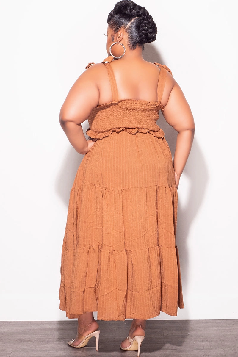Final Sale Plus Size Sleeveless Frill Tiered Dress in Cognac Slip Resistant Office Friendly