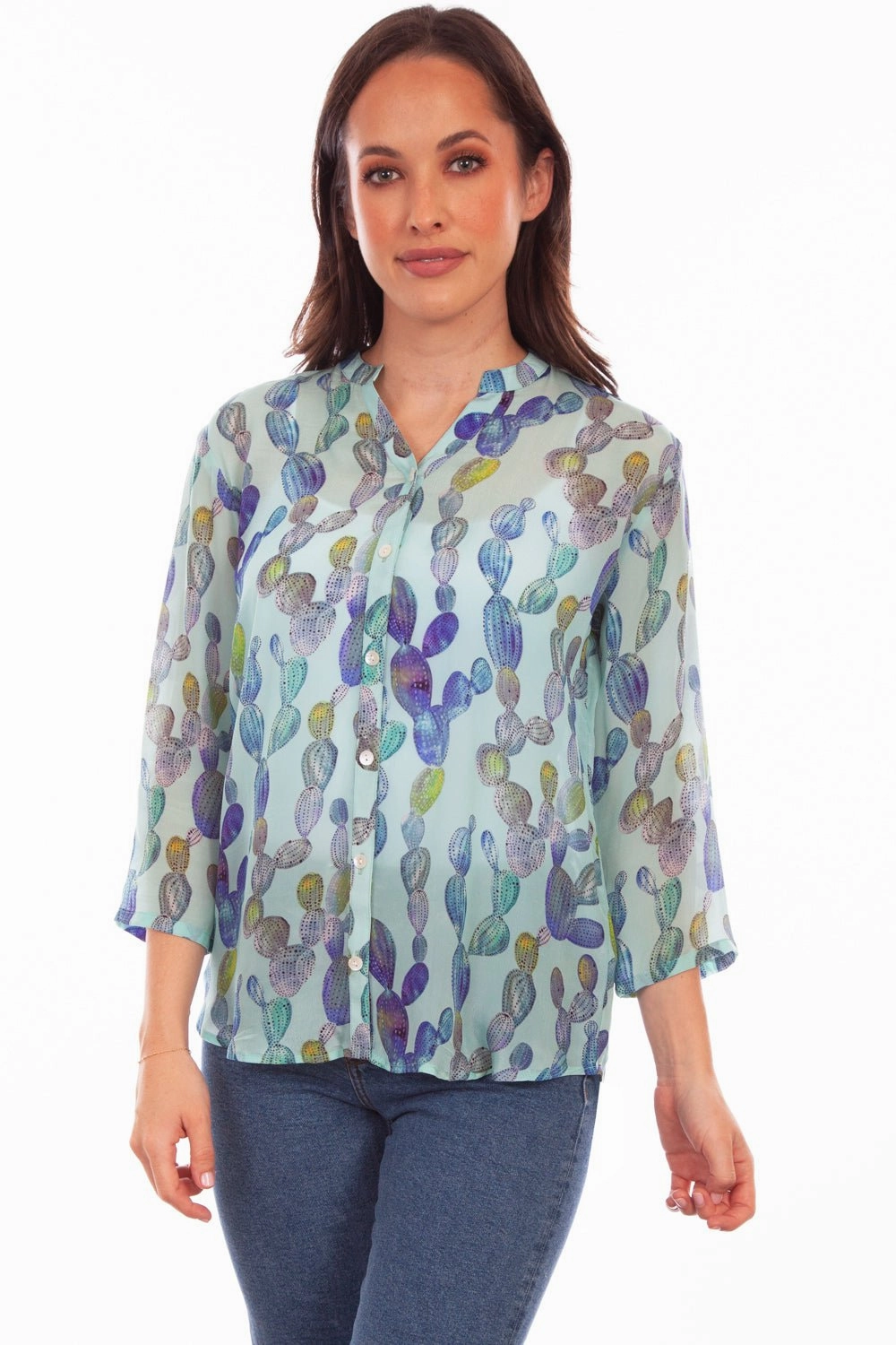 Versatile Piece Scully Womens Aqua Rayon Cactus S/S Blouse