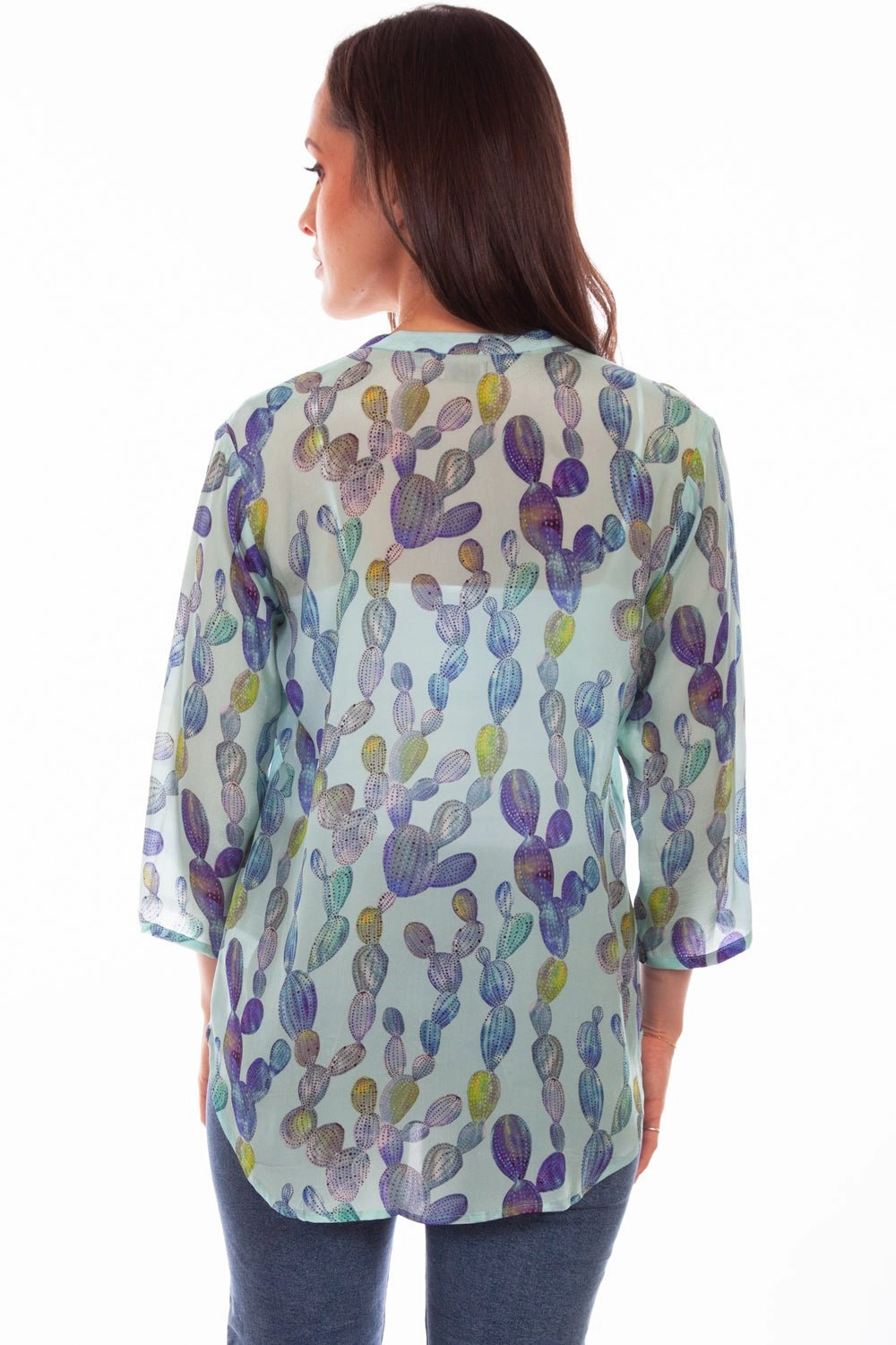 Scully Womens Aqua Rayon Cactus S/S Blouse Soft Stretch Collar Stretchable Fabric