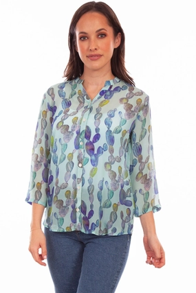 Versatile Piece Scully Womens Aqua Rayon Cactus S/S Blouse