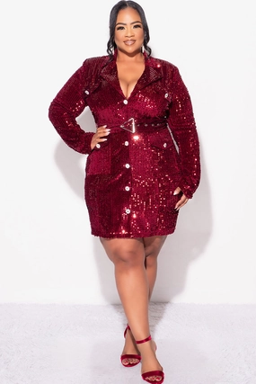 Final Sale Plus Size Sequin Blazer Dress with Rhinestone Buttons in Burgundy ReinforcedEdges OdorResistant Fabric