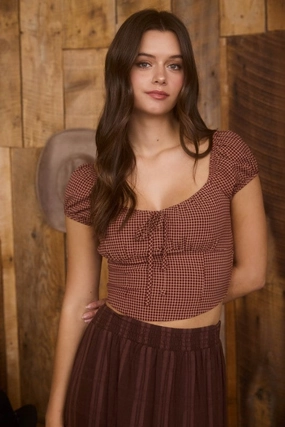 Ultra Soft Texture AntiStaticFinish Charlotte Plaid Front Tie Short Sleeve Crop Top