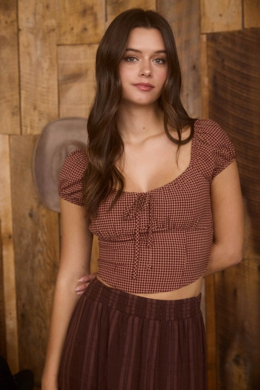 Ultra Soft Texture AntiStaticFinish Charlotte Plaid Front Tie Short Sleeve Crop Top