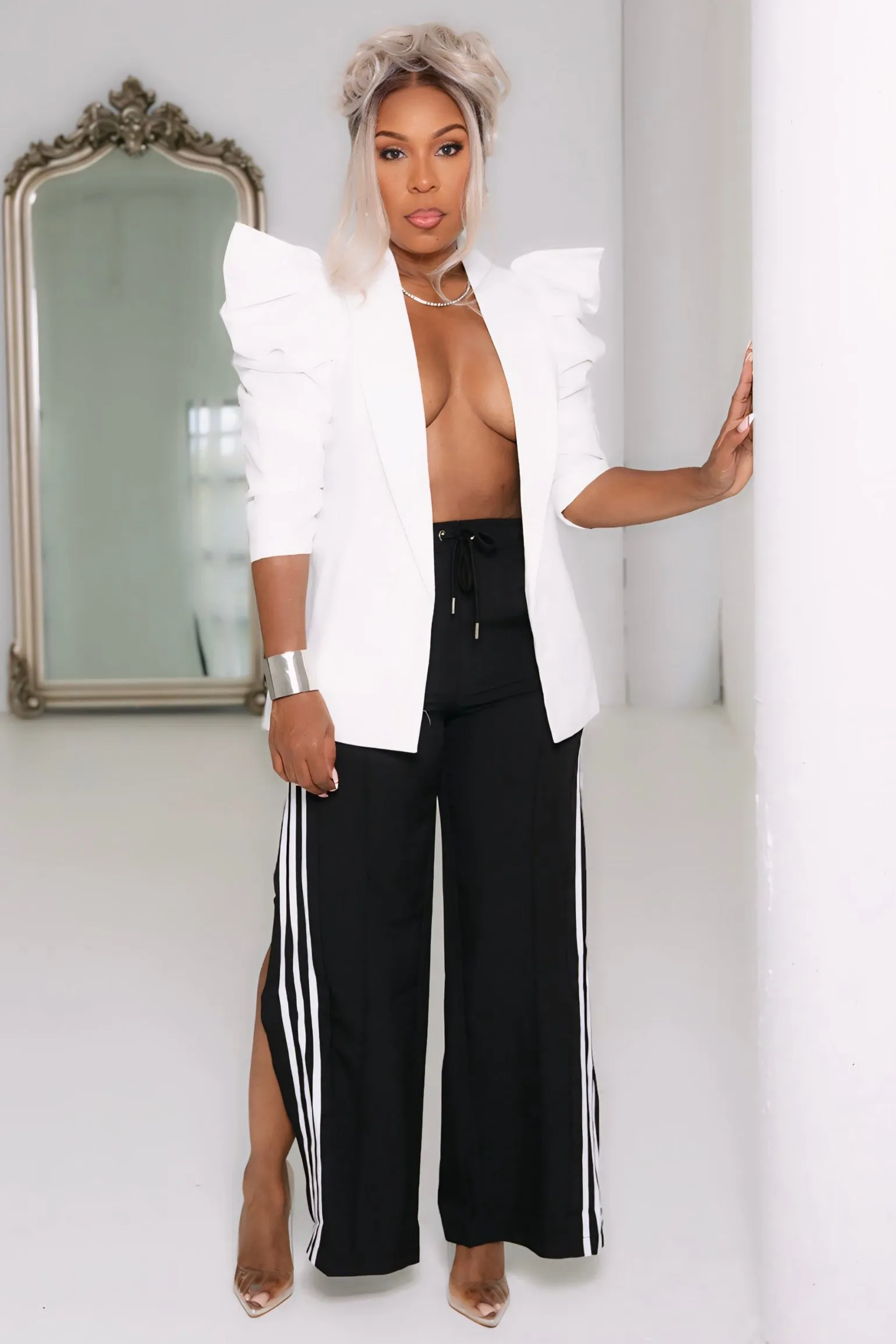 Charlyce Textured 3/4 Sleeve Power Shoulder Jacket-White High Collar Design Zipper Guard Weatherproofing