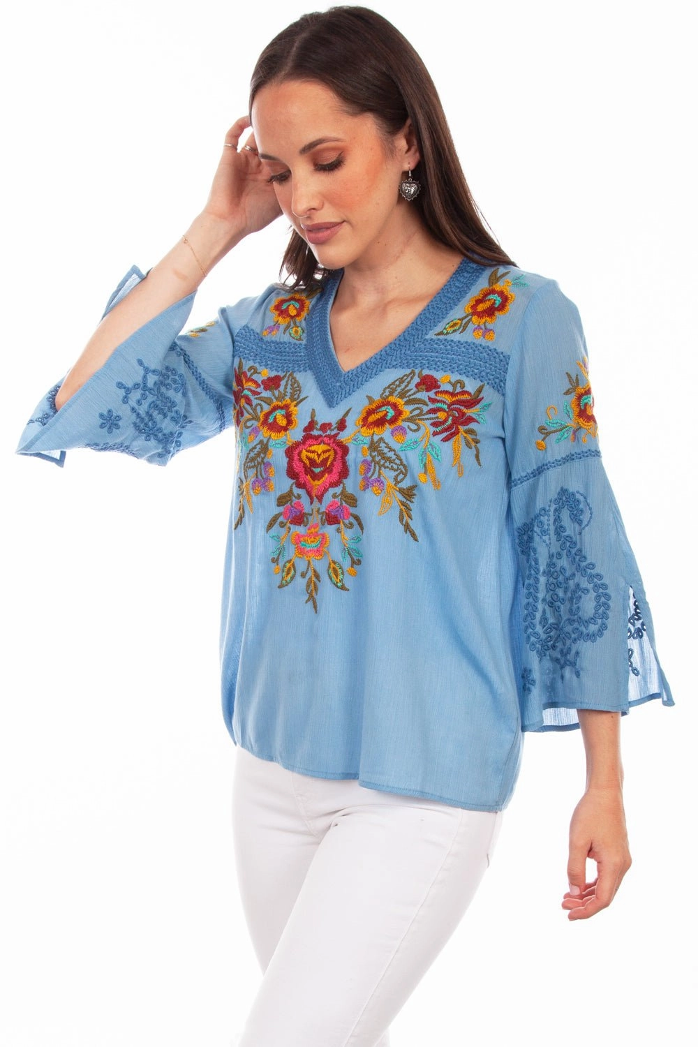 Soft Collar Design Soft Material Scully Womens Blue Multi 100% Cotton Detailed Floral S/S Blouse