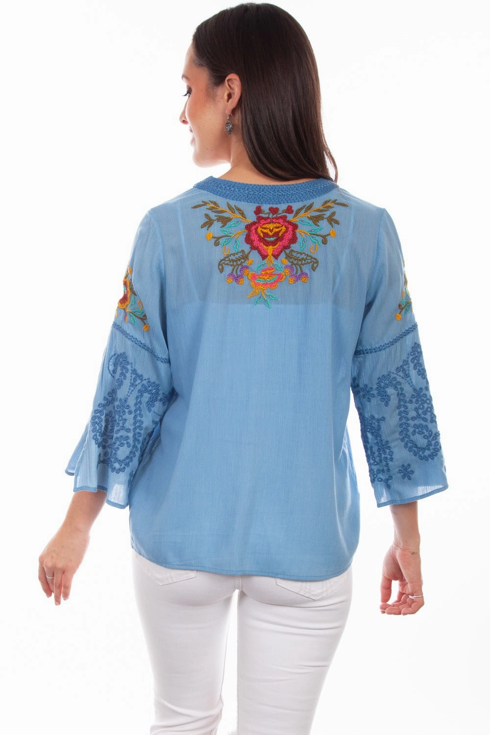 Scully Womens Blue Multi 100% Cotton Detailed Floral S/S Blouse Holiday Special Lightweight texture