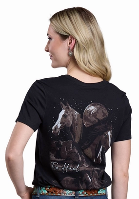Tin Haul Womens Running Horses Collage Black Cotton Blend S/S T-Shirt Outdoor Adventure Non Chafe Seams