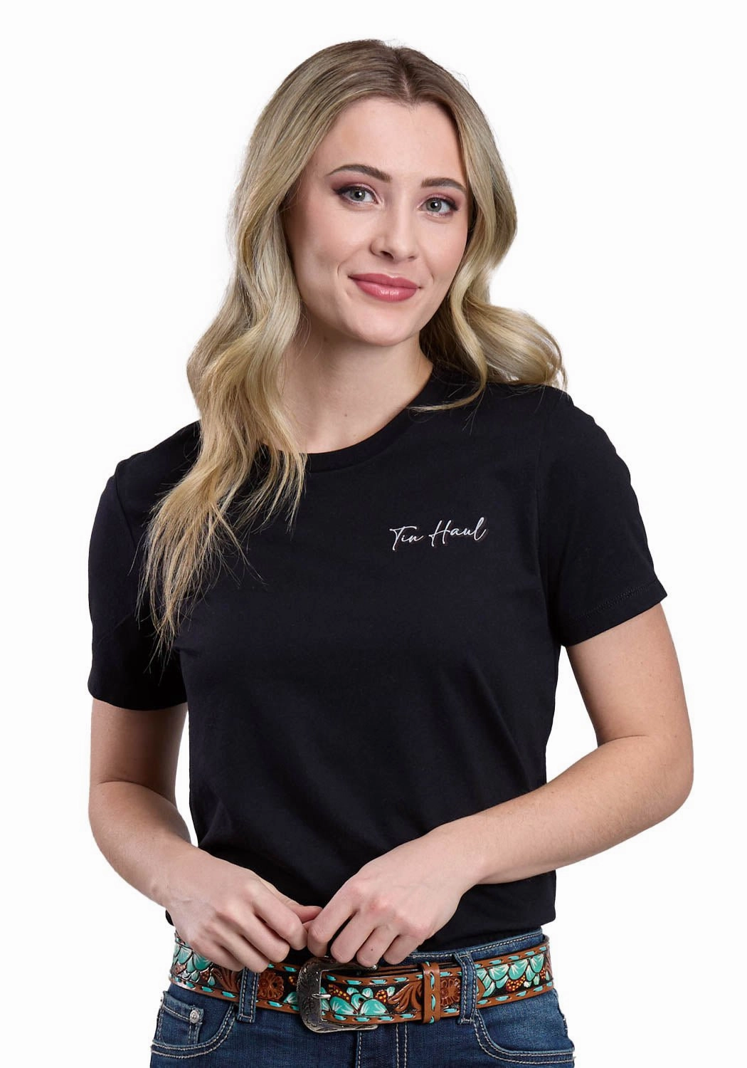 Tin Haul Womens Running Horses Collage Black Cotton Blend S/S T-Shirt Plaid Design