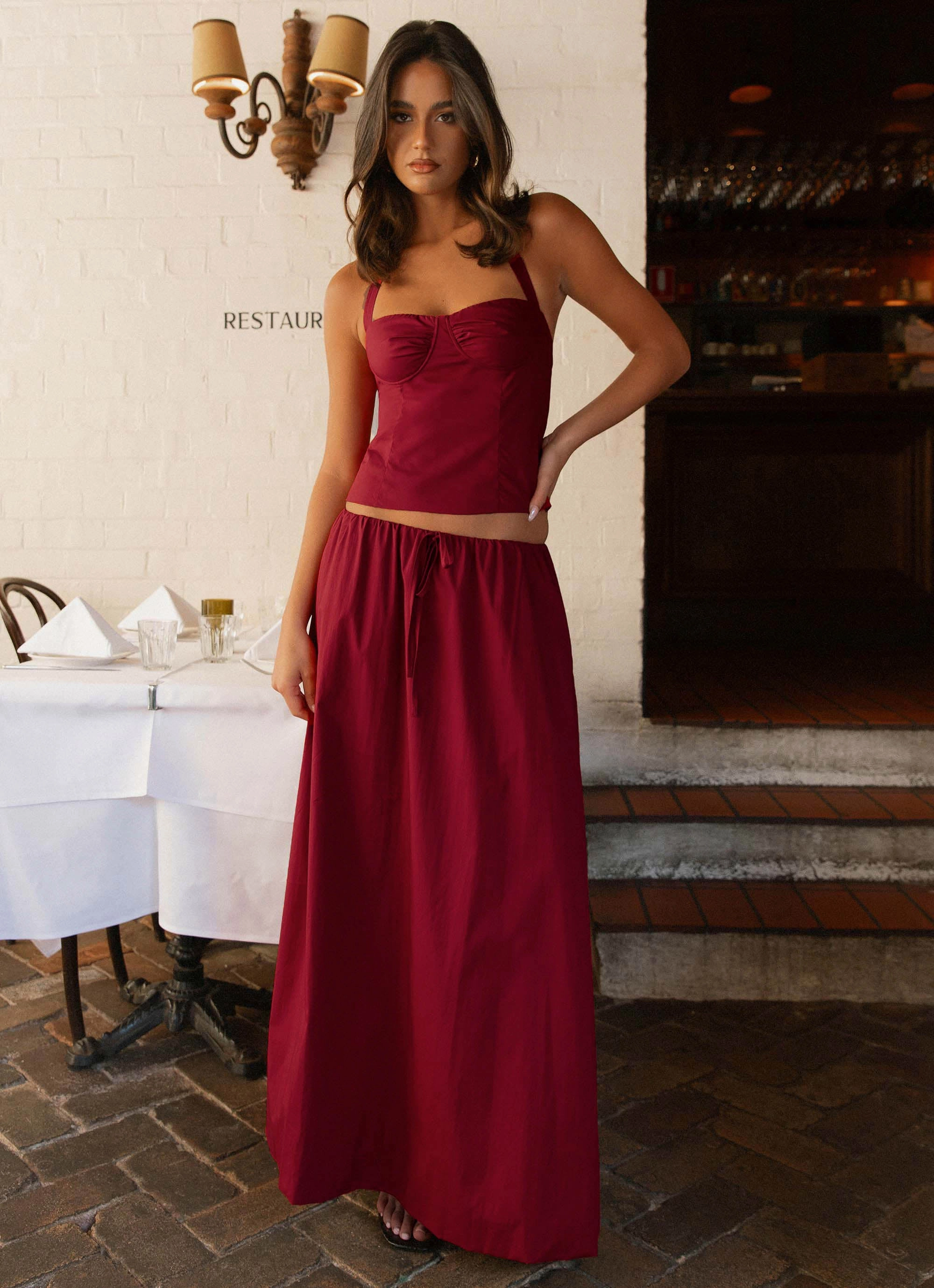 Cheryl Maxi Skirt - Cherry Red ruffle trim