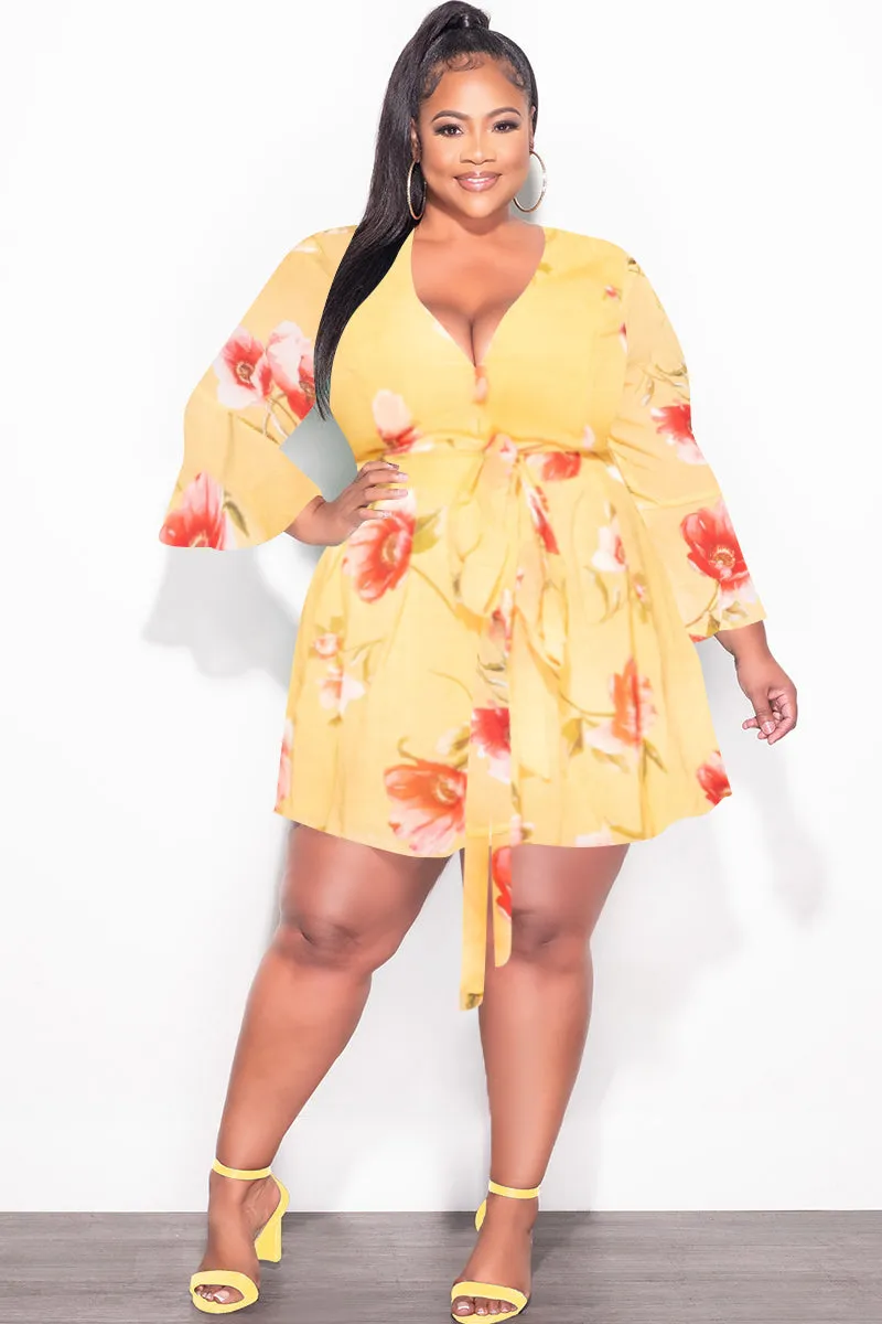 Cropped hem Adjustable Fit Final Sale Plus Size Chiffon Faux Wrap Bell Sleeve Romper in Yellow