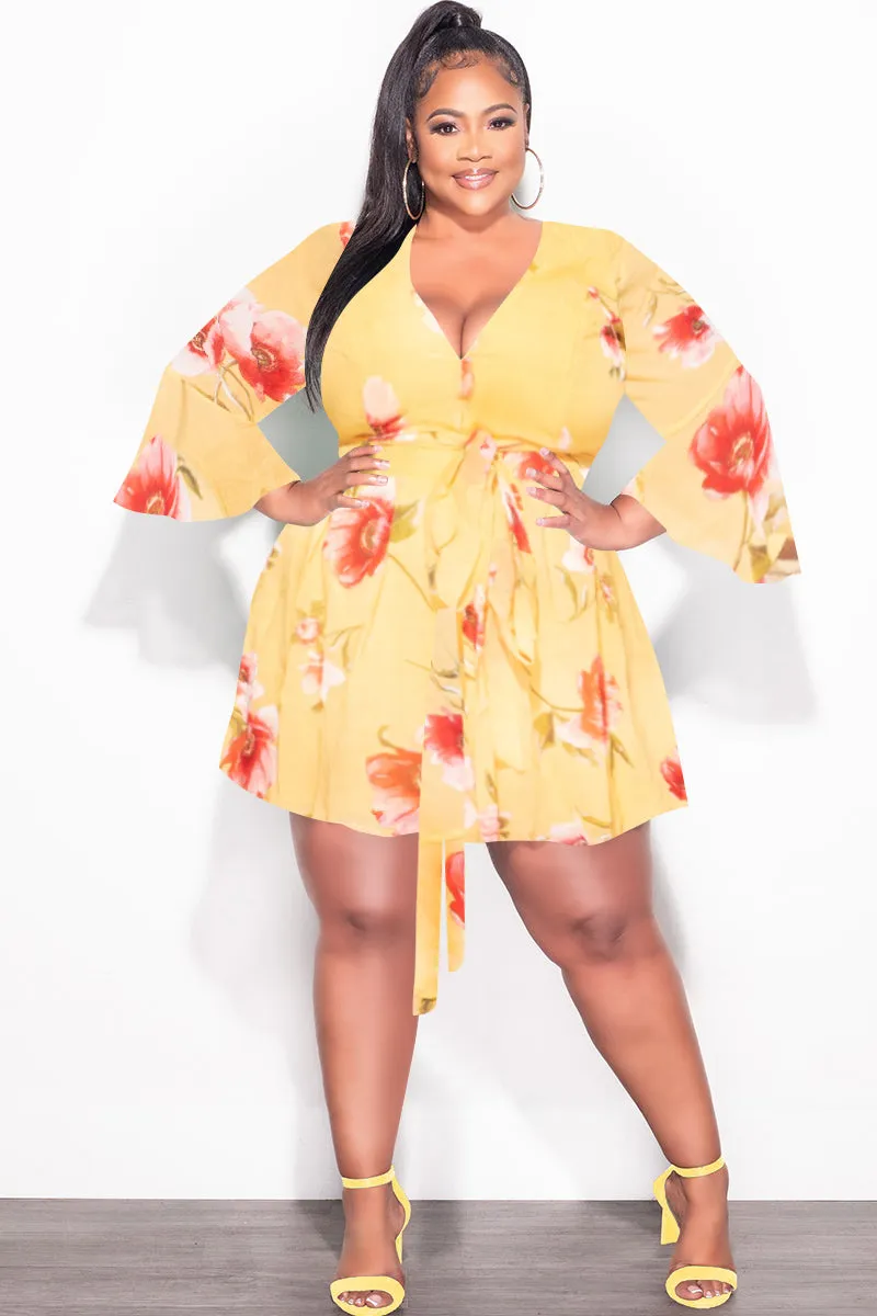 Smart Look Convertible legs Final Sale Plus Size Chiffon Faux Wrap Bell Sleeve Romper in Yellow