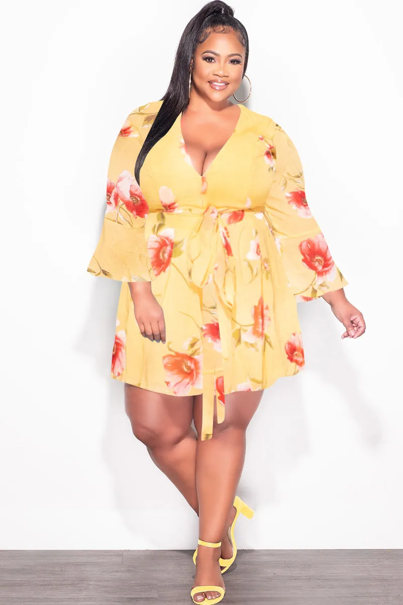 Laser Cut Edges Final Sale Plus Size Chiffon Faux Wrap Bell Sleeve Romper in Yellow