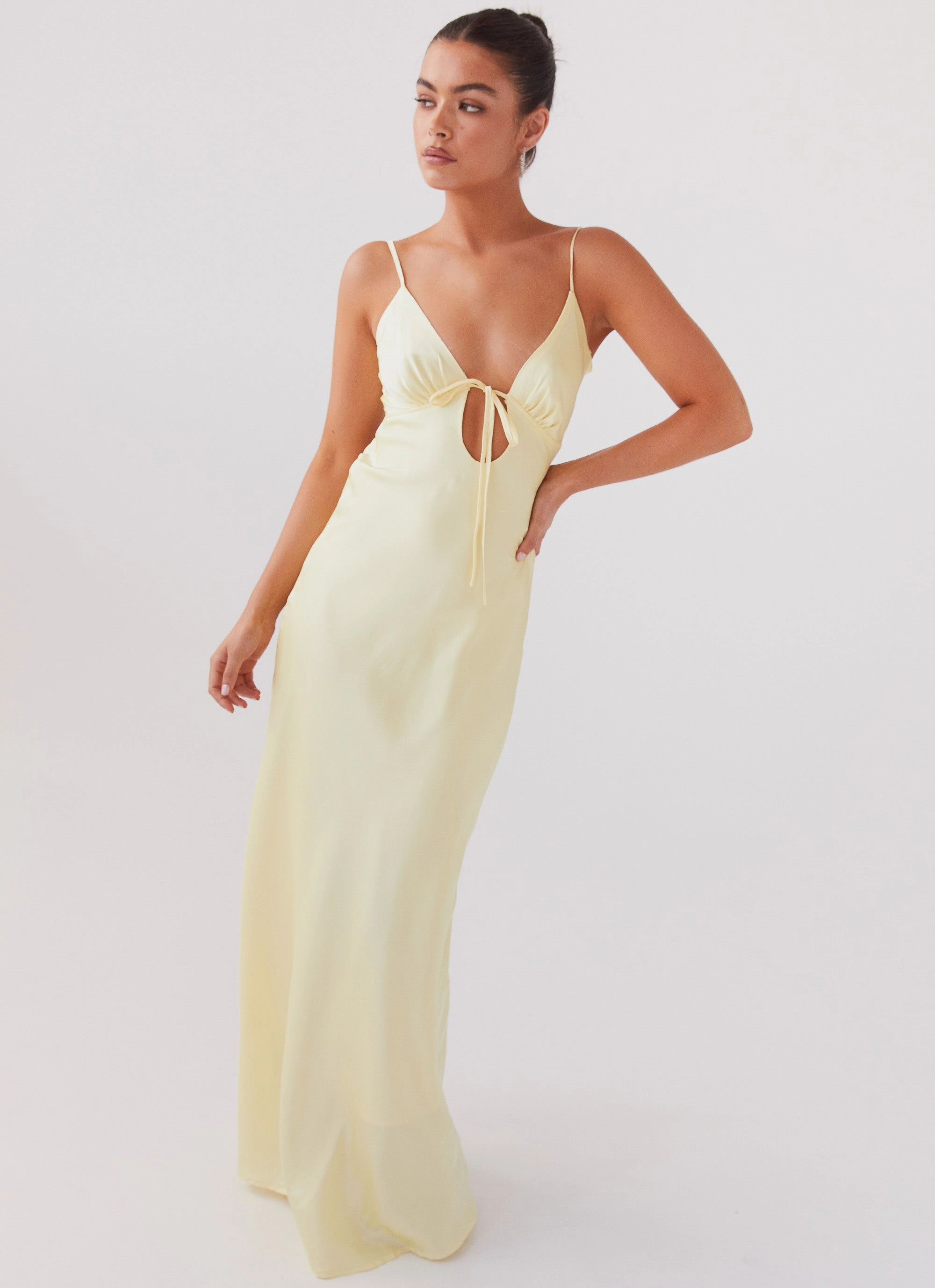 Polite Vibe Work Ready Flora Satin Maxi Dress - Lemon