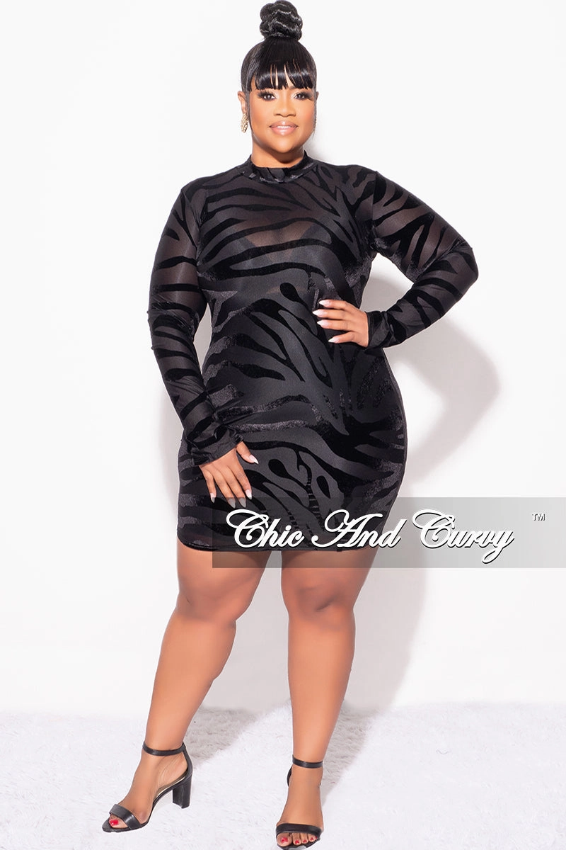 Ripstop Texture Final Sale Plus Size Reversible See-Thru Mesh & Velvet Bodycon Dress in Black Zebra Print