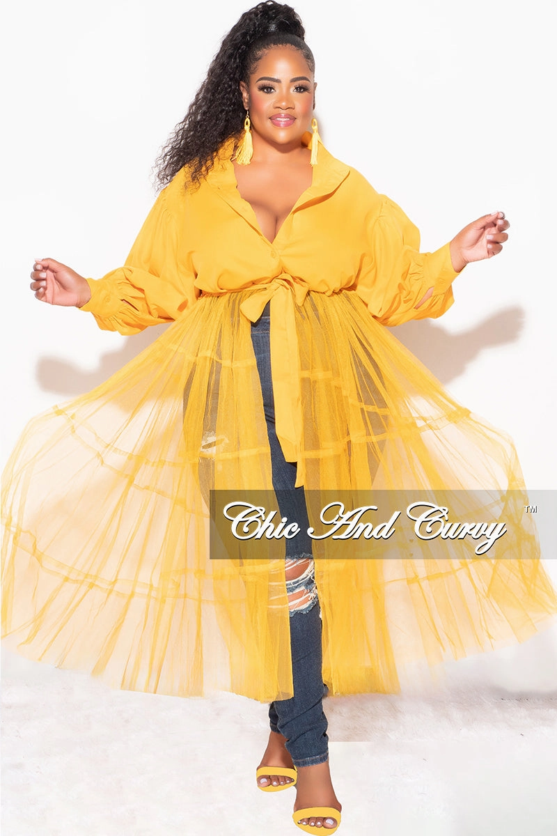 Final Sale Plus Size Puffy Long Sleeve Button Up Top with Mesh Train in Musatrd Comfort Layer Wear
