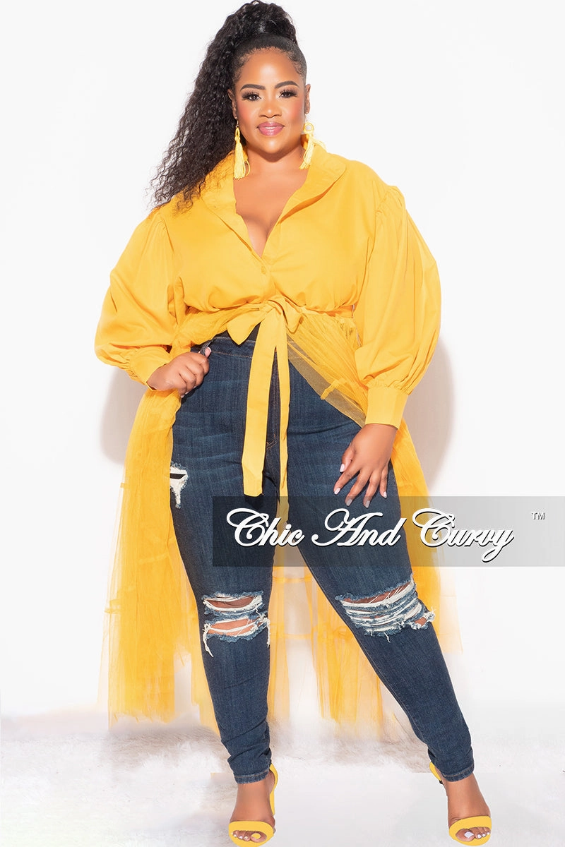 Final Sale Plus Size Puffy Long Sleeve Button Up Top with Mesh Train in Musatrd Cold Weather Wear Breathable Wearable