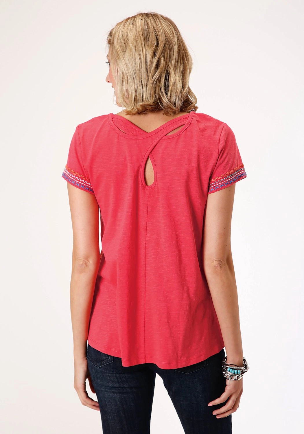 Corporate Event Flex Fit Collar Roper Womens Red 100% Cotton Geometric Sleeves S/S T-Shirt