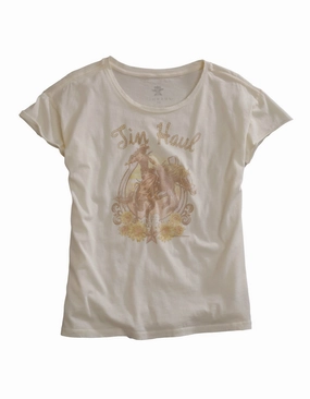 Tin Haul Womens Buckin Cowgirl White 100% Cotton S/S T-Shirt Versatile Layering Youthful Vibe