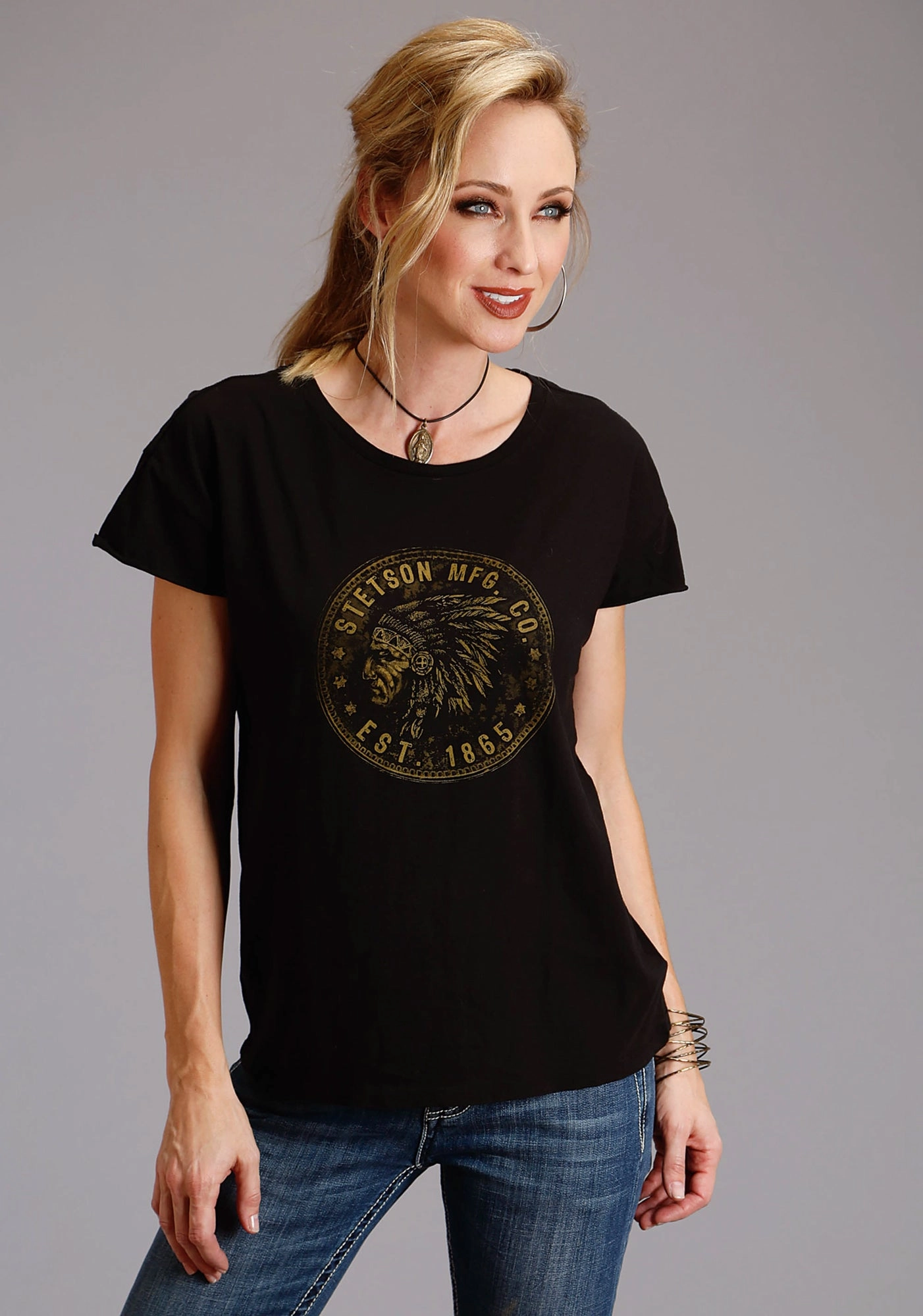 Stetson Womens Indian Head Coin Black 100% Cotton S/S T-Shirt Holiday Travel Athleisure Wear