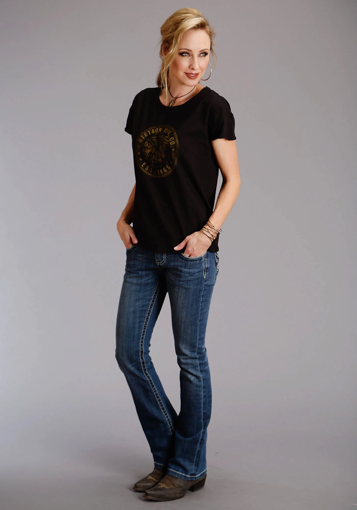 Stetson Womens Indian Head Coin Black 100% Cotton S/S T-Shirt Mountain Escape