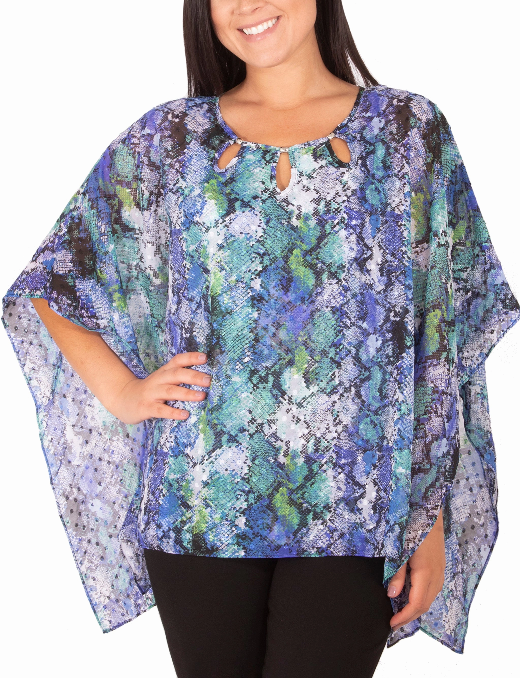 Smooth Zipper Integration Chiffon Poncho And Tank With Beaded Neckline