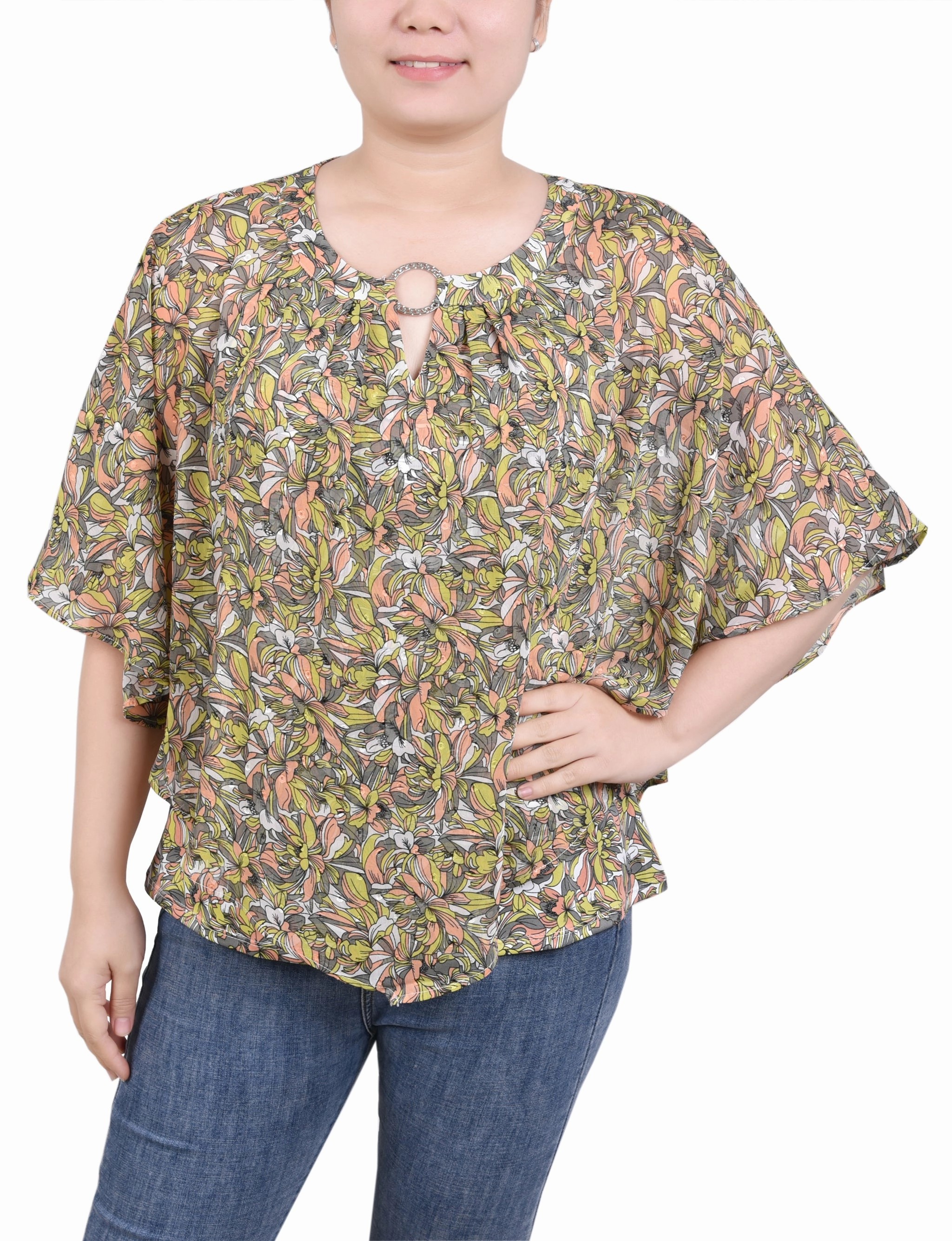Chiffon Poncho Top With Ring 3D Spacer Fabric