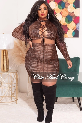 Final Sale Plus Size 2pc Set with Tie Top and Mini Skirt in Brown Alligator Print Timeless Fit
