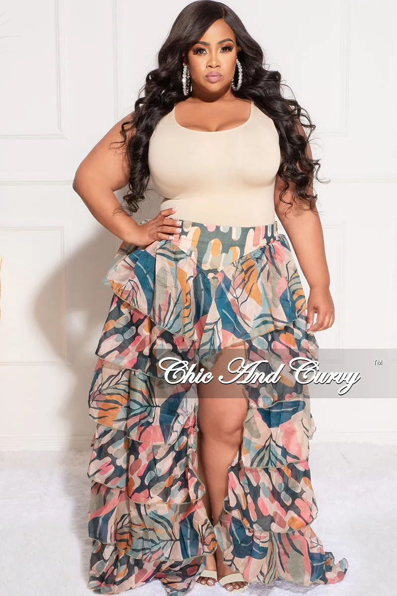 Tailored Wear Quick Comfort Design Final Sale Plus Size Chiffon High/Low Ruffle Tiered Skirt in Multi Color Design Print