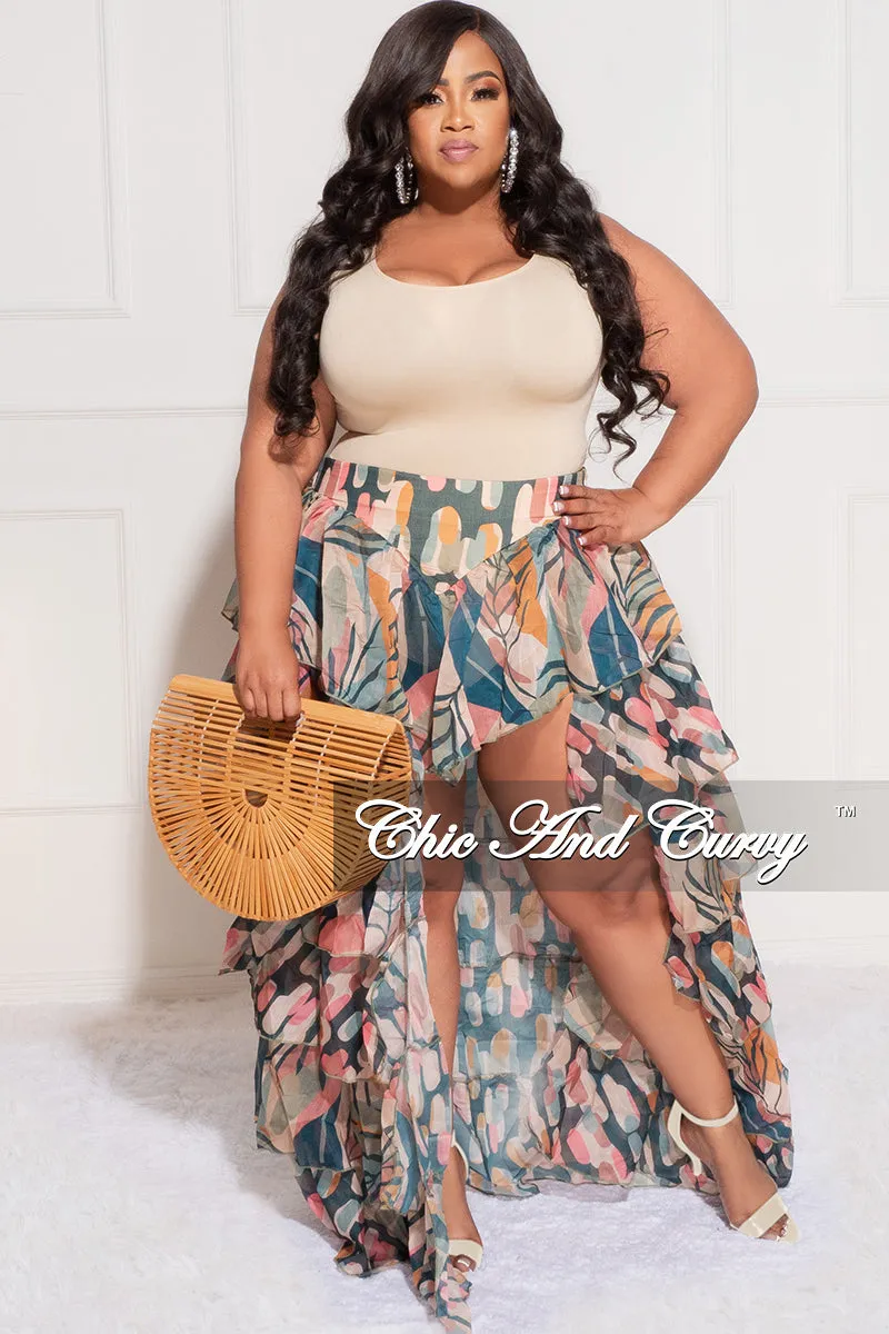 Final Sale Plus Size Chiffon High/Low Ruffle Tiered Skirt in Multi Color Design Print Walk Friendly Comfy Essentials Wear