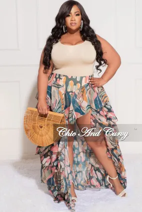 Final Sale Plus Size Chiffon High/Low Ruffle Tiered Skirt in Multi Color Design Print Walk Friendly Comfy Essentials Wear