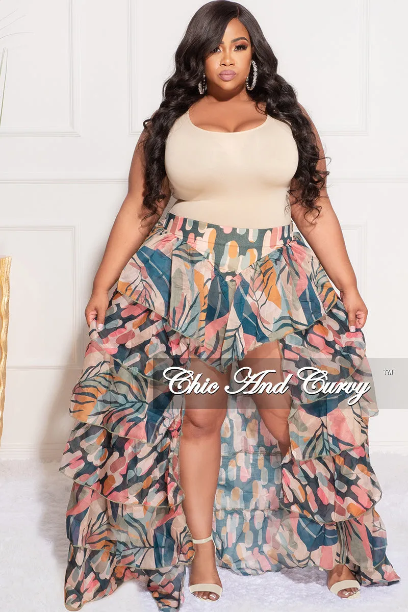 Outdoor Flex Final Sale Plus Size Chiffon High/Low Ruffle Tiered Skirt in Multi Color Design Print