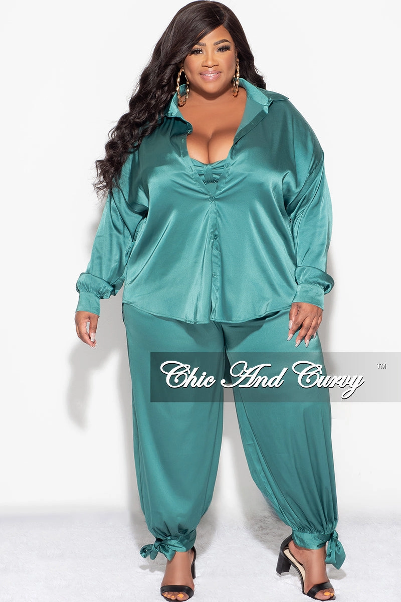 Final Sale Plus Size Satin 3pc Set (Collar Top, Tube Bra and High Waist Pants) in Green Roomy Shape Stable Shape
