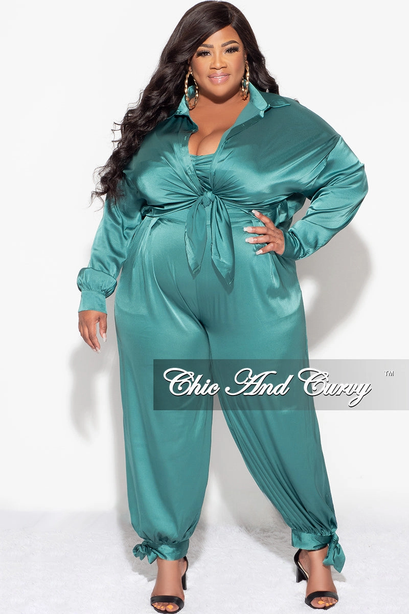 Final Sale Plus Size Satin 3pc Set (Collar Top, Tube Bra and High Waist Pants) in Green Sporty Appeal