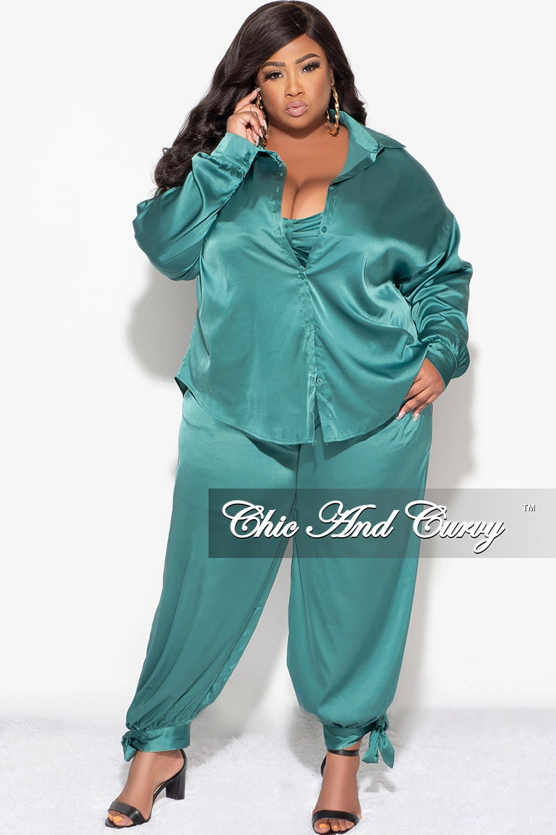 Final Sale Plus Size Satin 3pc Set (Collar Top, Tube Bra and High Waist Pants) in Green Quick-Dry Fabric Adaptable Style
