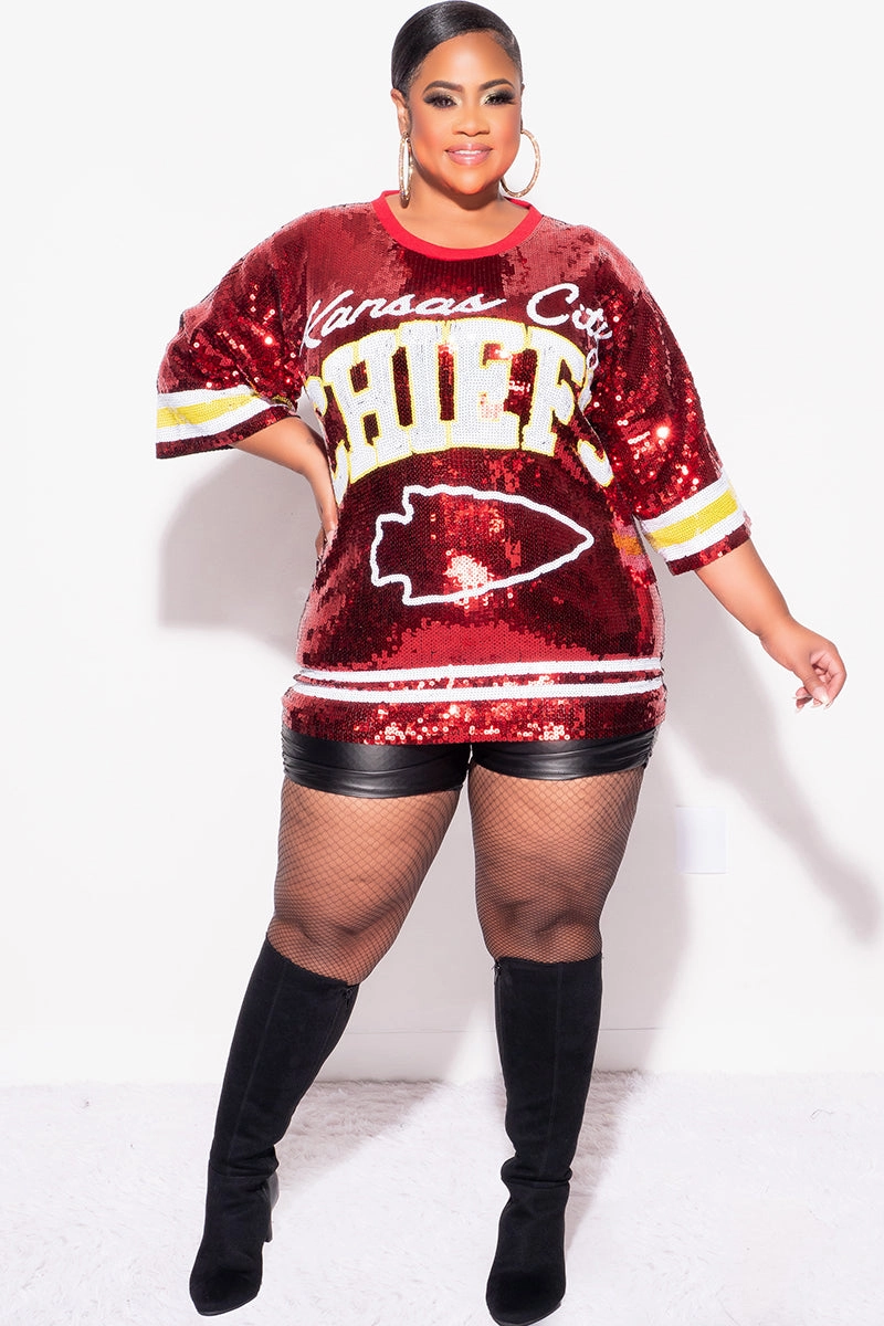 Final Sale Plus Size Sequin Kansas City Chiefs Jersey Top in Red White and Gold hypoallergenic material