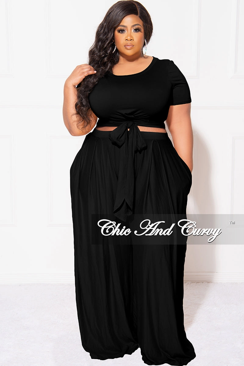 Final Sale Plus Size 2pc Set Cropped Tie Top & Pants in Black Secure Waistband