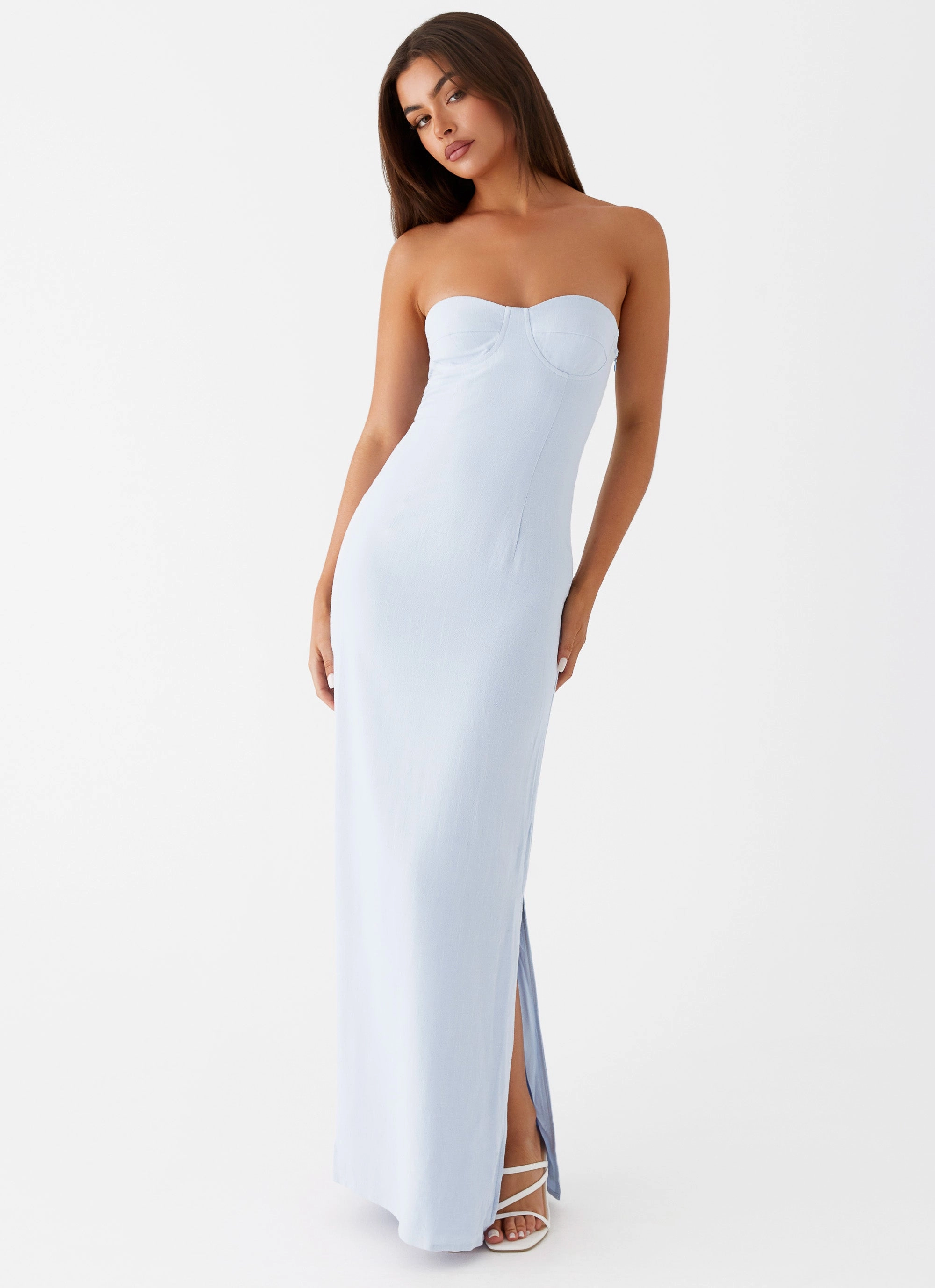 Esra Linen Strapless Maxi Dress - Blue Chic Layered Wear High Cut