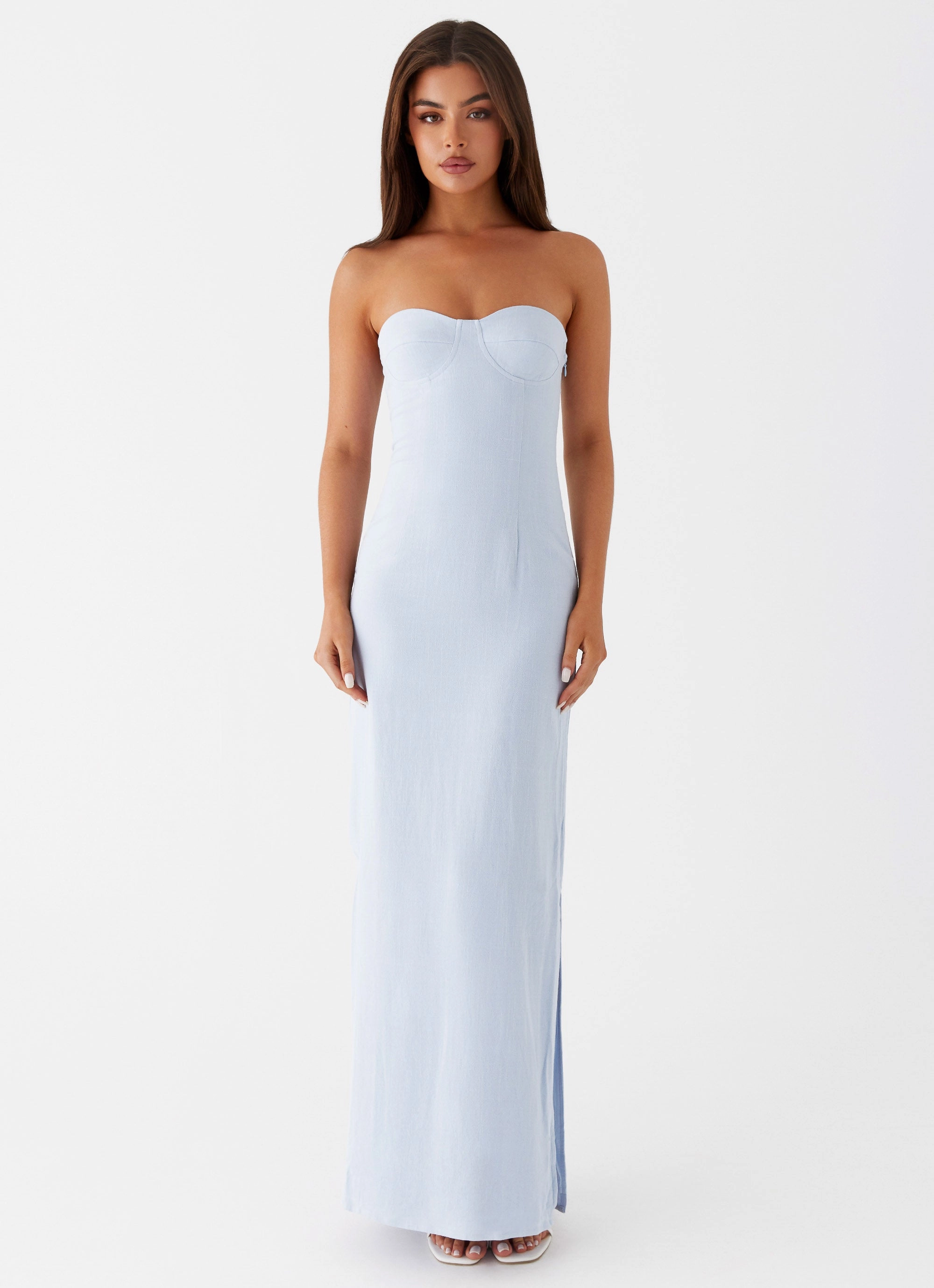 Esra Linen Strapless Maxi Dress - Blue Flutter-Sleeve