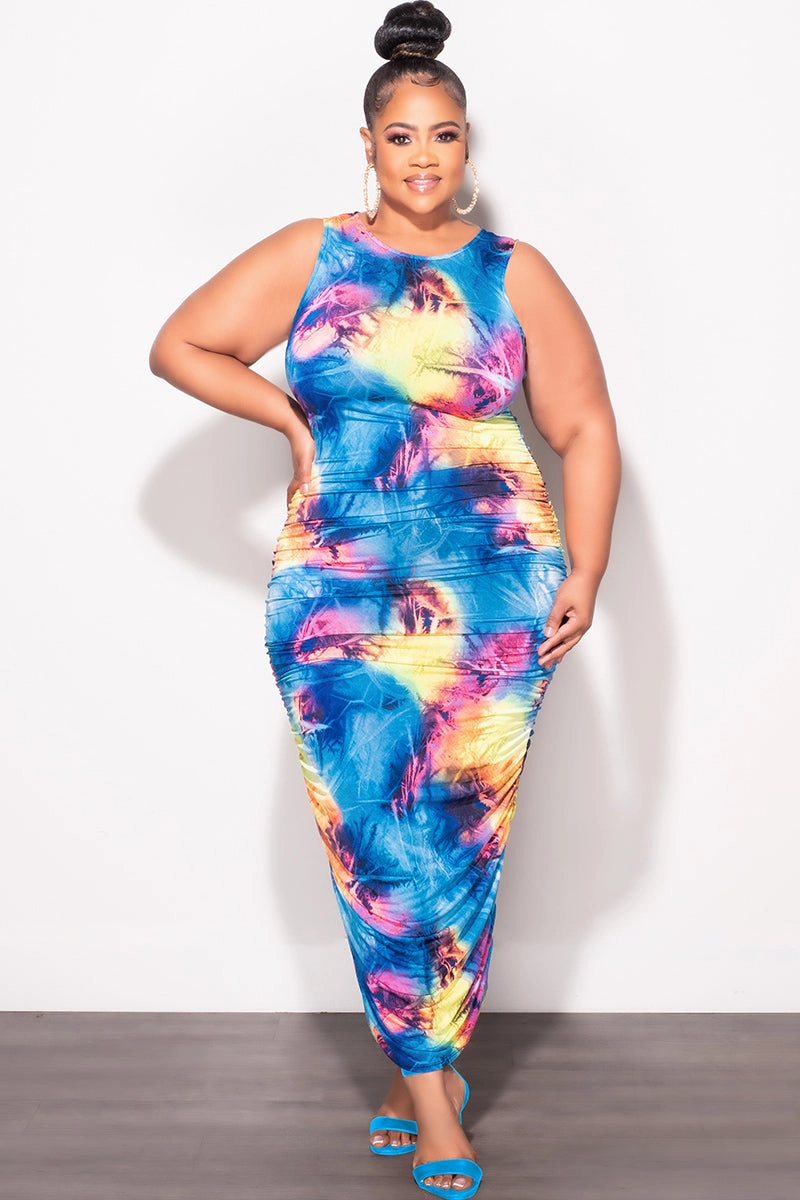 NonIrritatingStitching Sporty Layer Final Sale Plus Size Sleeveless Ruched Dress In Multi Color Print