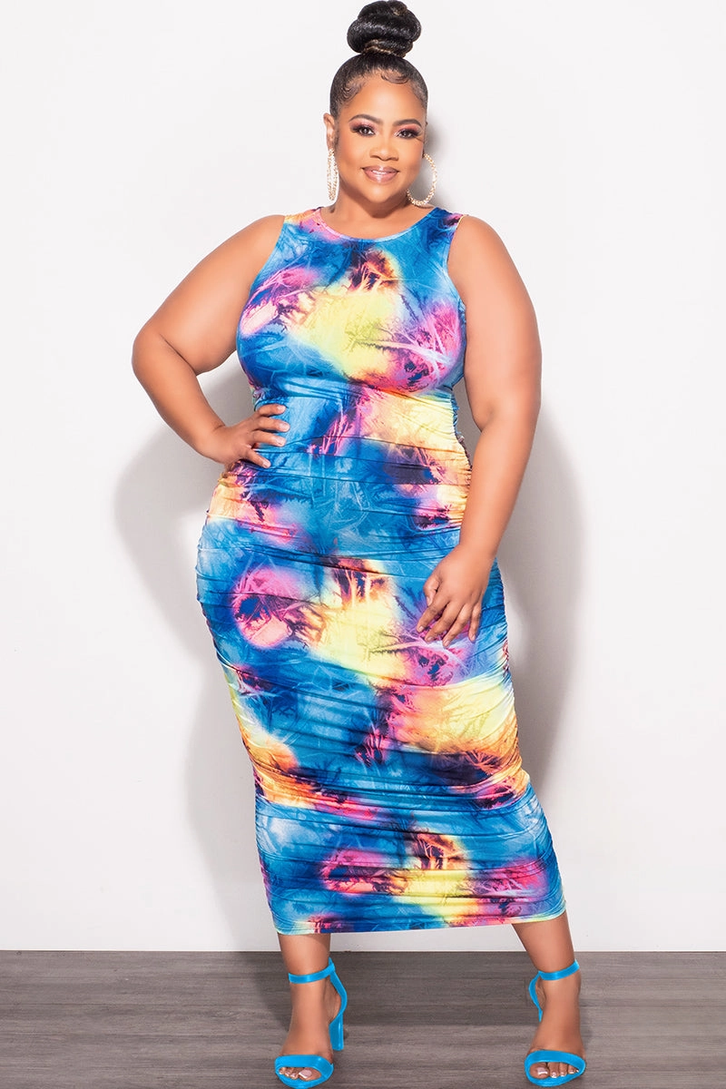 Relax Mode Soft Fabric Final Sale Plus Size Sleeveless Ruched Dress In Multi Color Print