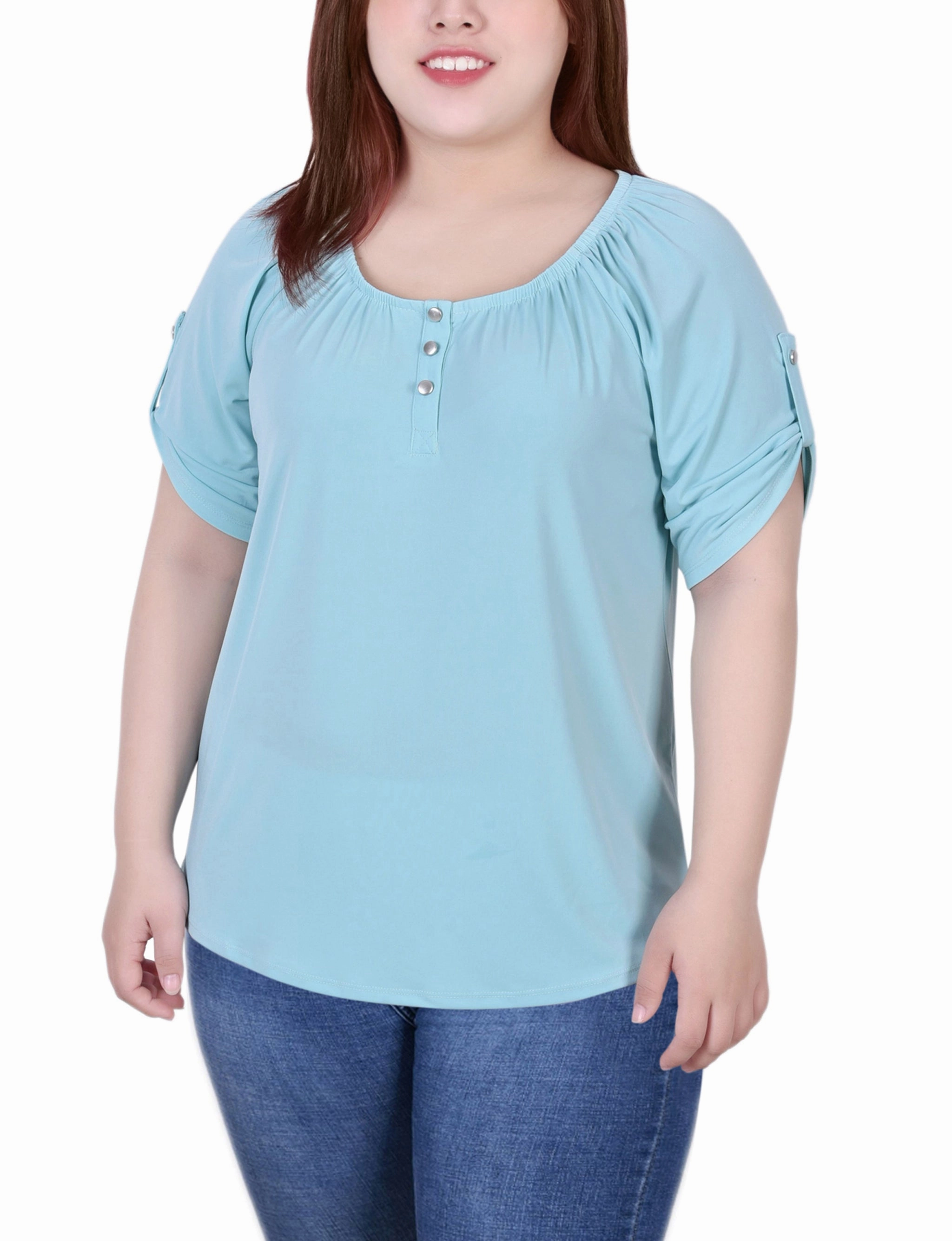Plus Size Short Sleeve Round Neck Henley Top Durable Weave