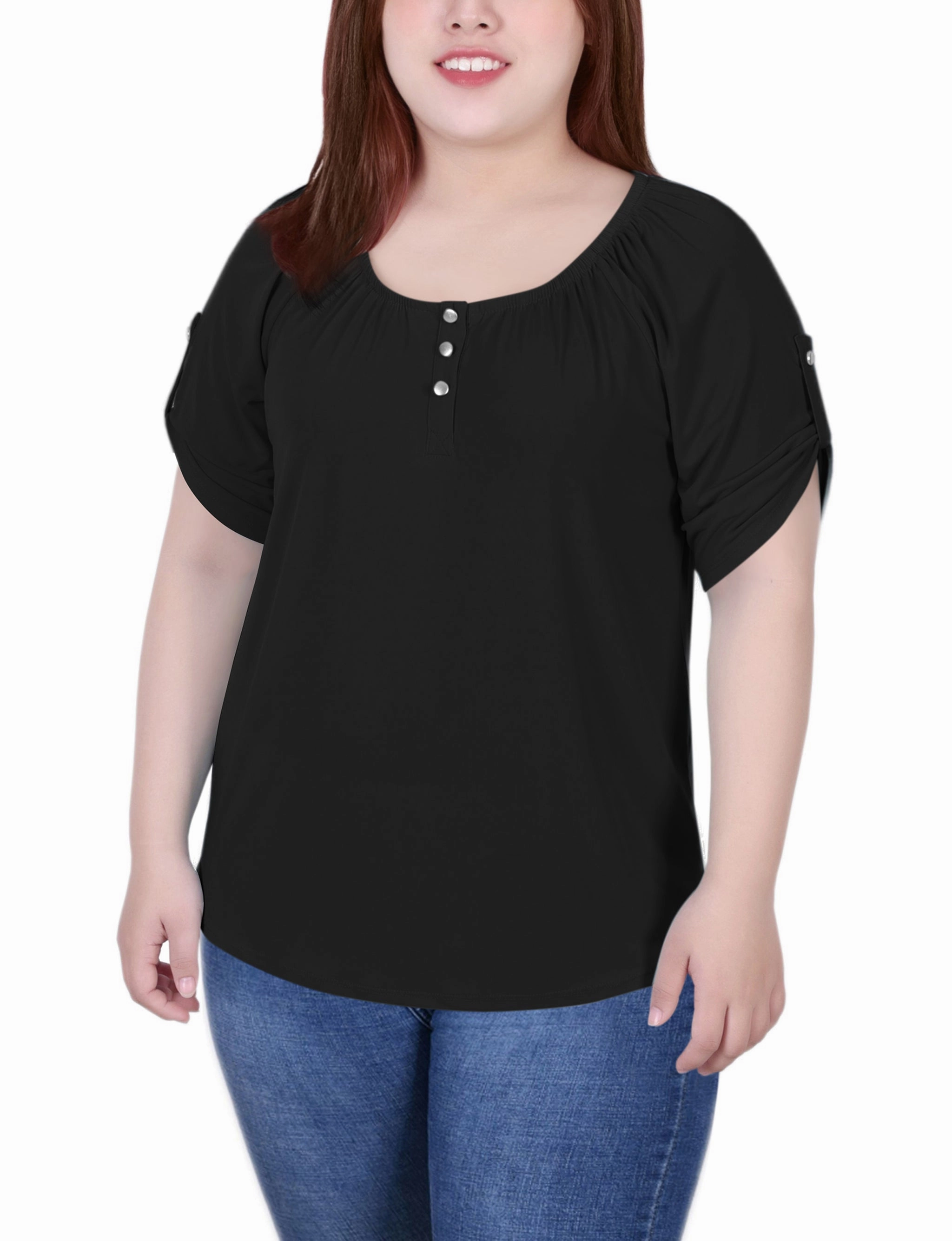 Colorfast Dye Method Plus Size Short Sleeve Round Neck Henley Top