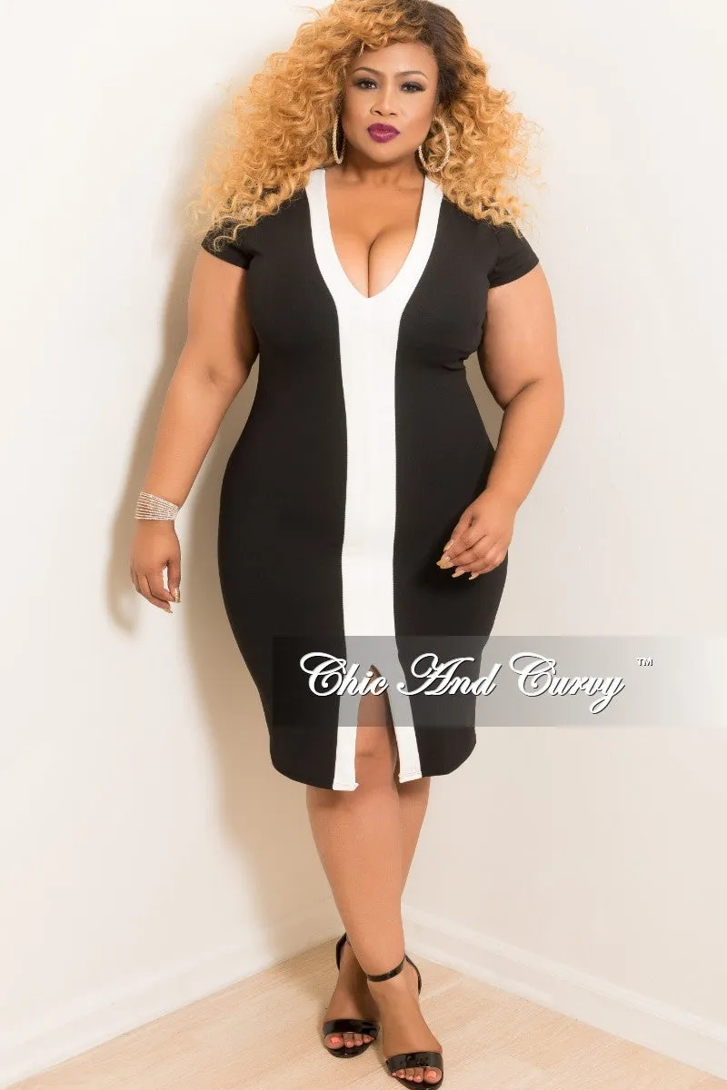 Final Sale Plus Size BodyCon V-Neck Short Sleeve Dress in Black with Off White Line MachineWashable