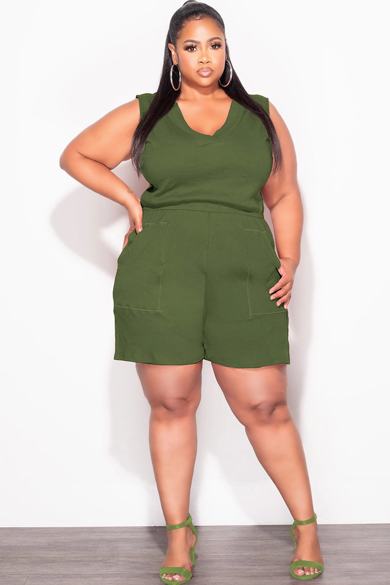 Cozy And Stylish Final Sale Plus Size Sleeveless French Terry V Neck Romper in Olive