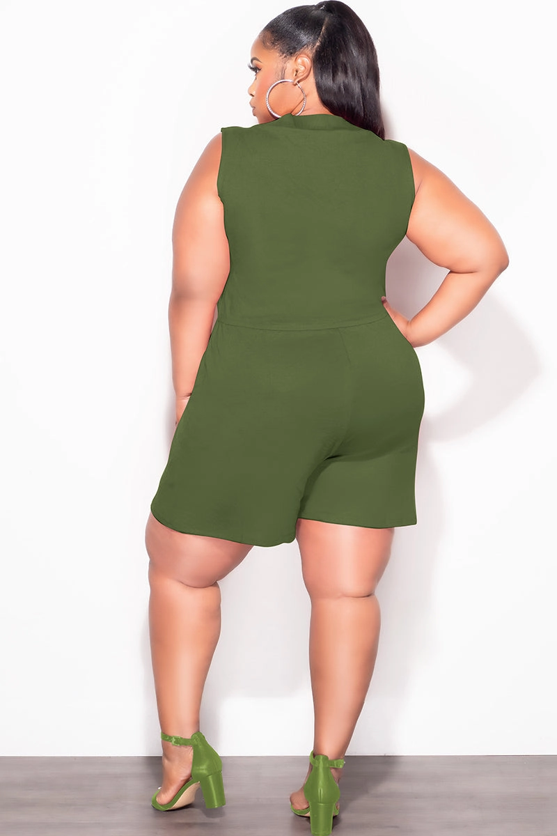 Soft Comfort Windproof coating Final Sale Plus Size Sleeveless French Terry V Neck Romper in Olive