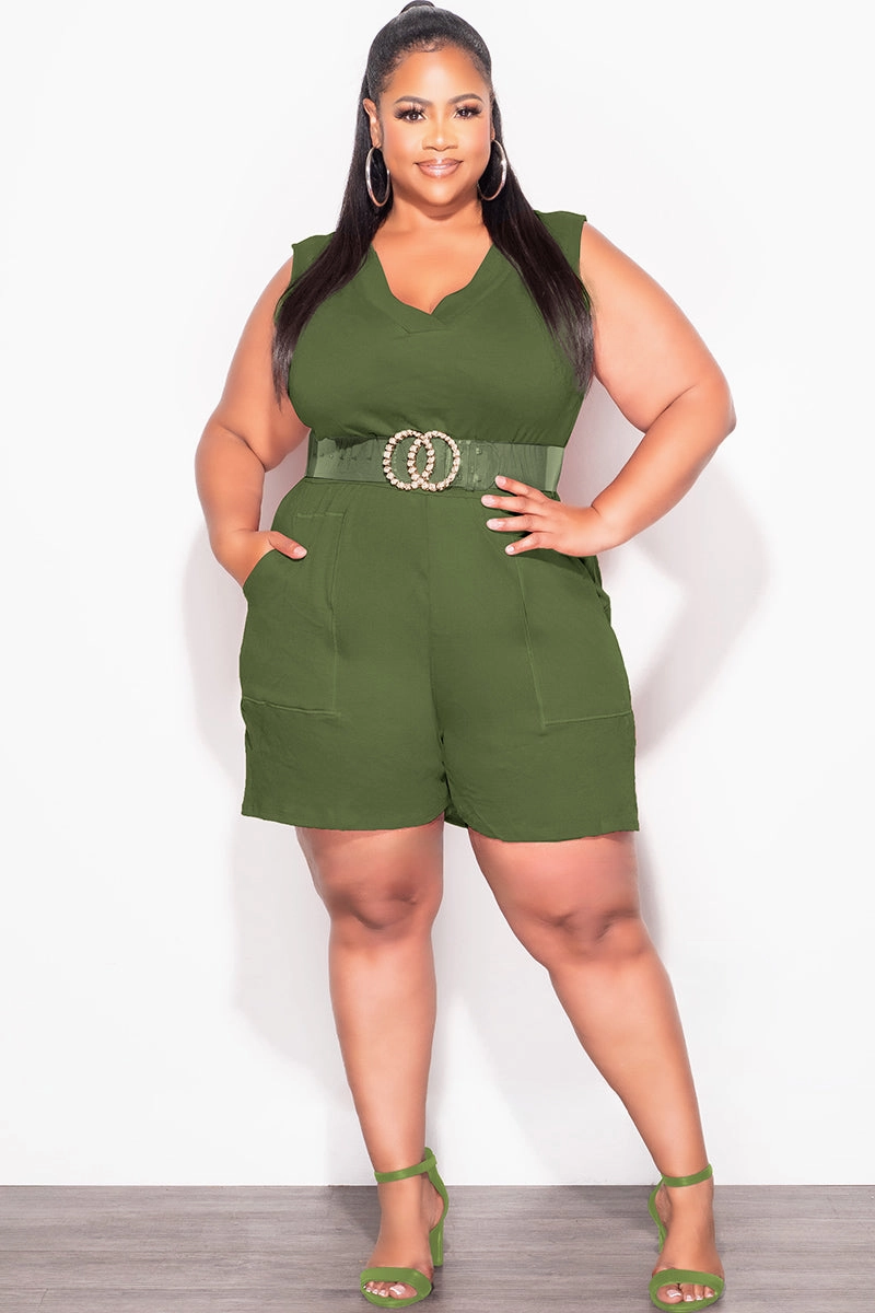 Final Sale Plus Size Sleeveless French Terry V Neck Romper in Olive Anti Bacterial Treatment