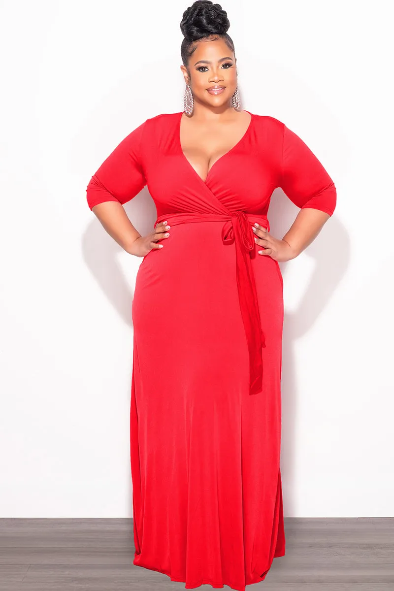 All Around Fit Laser Cut Edges Final Sale Plus Size Faux Wrap Dress in Red